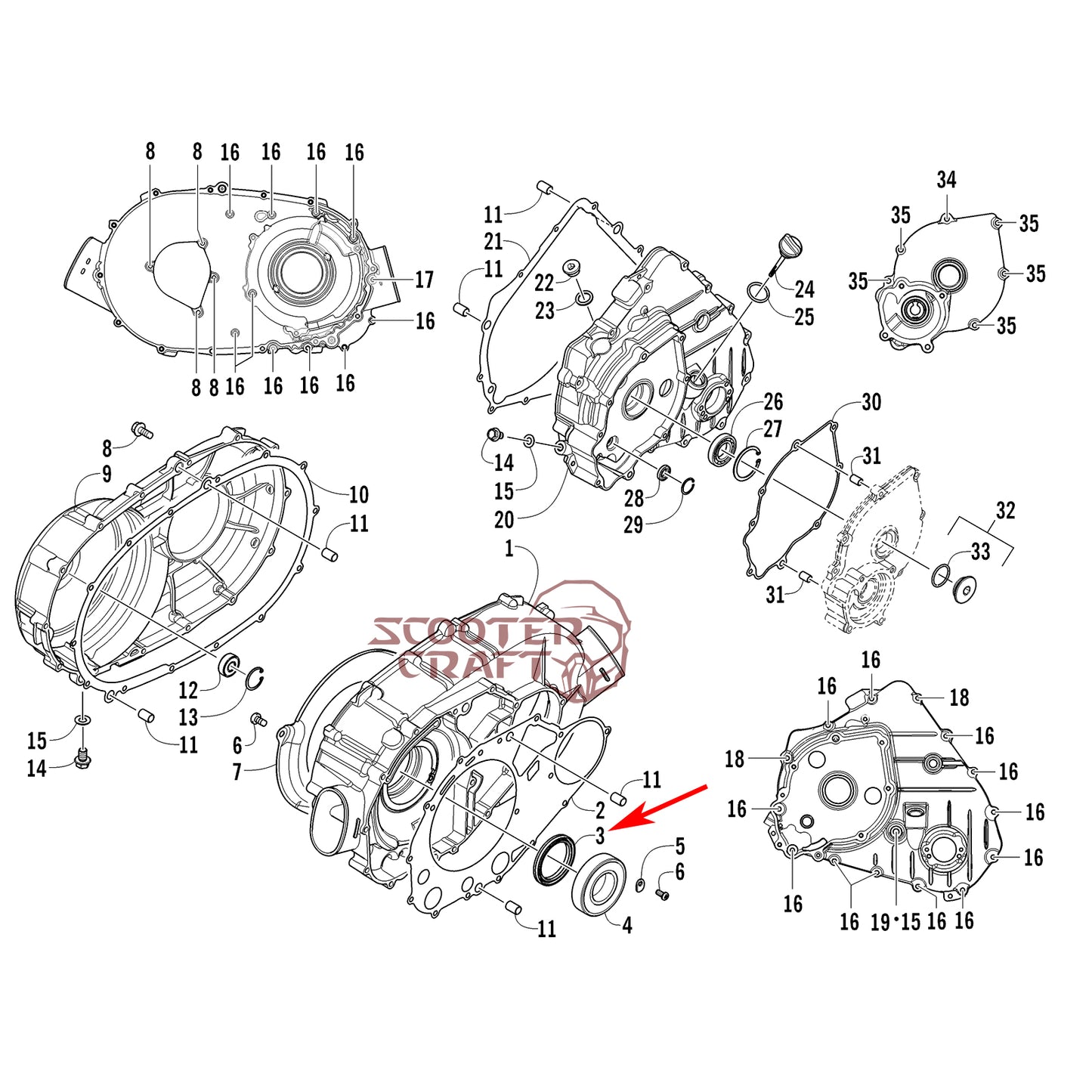 Clutch housing oil seal Arctic Cat ATV 366 4X4 Automatic, 400 TRV, 425 CR, Alterra 450, XC 450 EFI, UTV Prowler 500