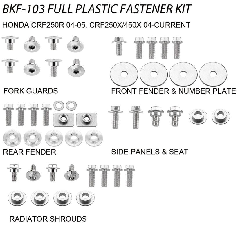 COMPLETE PLASTIC BOLT KIT HONDA CRF 250R 04-05, CRF 250/450X 04-20 (BKF-103)