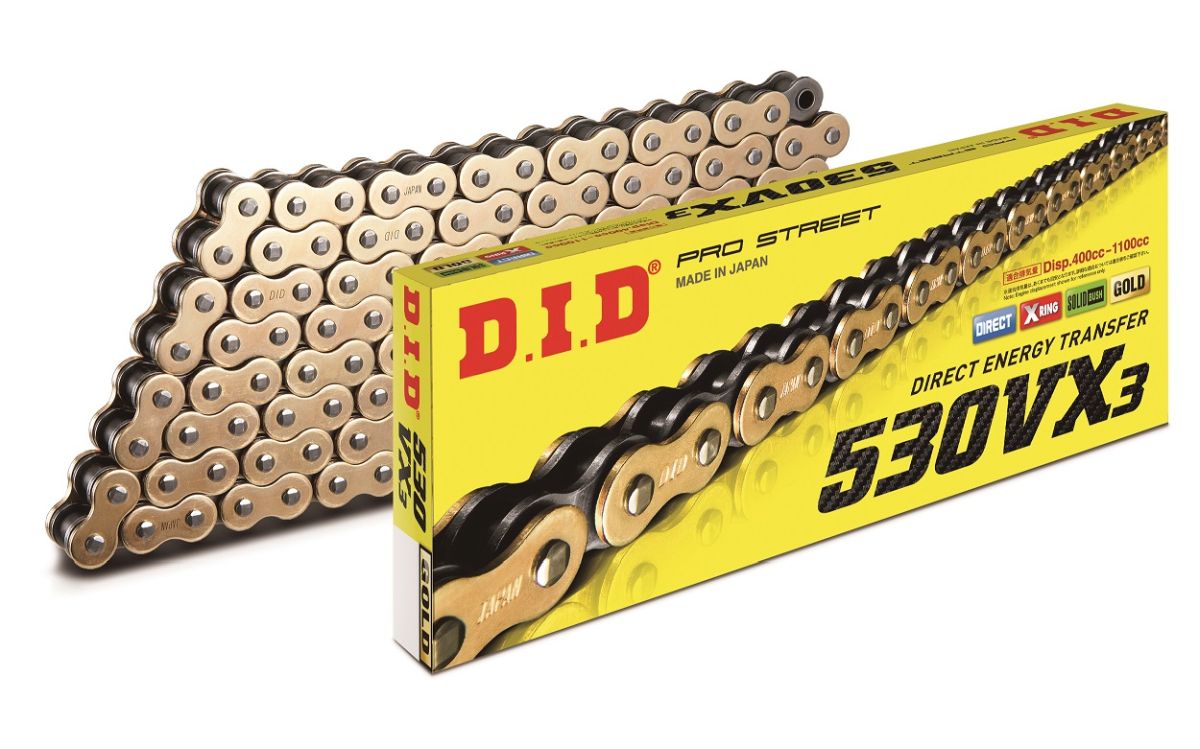 DRIVE CHAIN 530VX3GB-114 (114 LINKS) GOLD X-RING (OPEN + RIVET LINK)