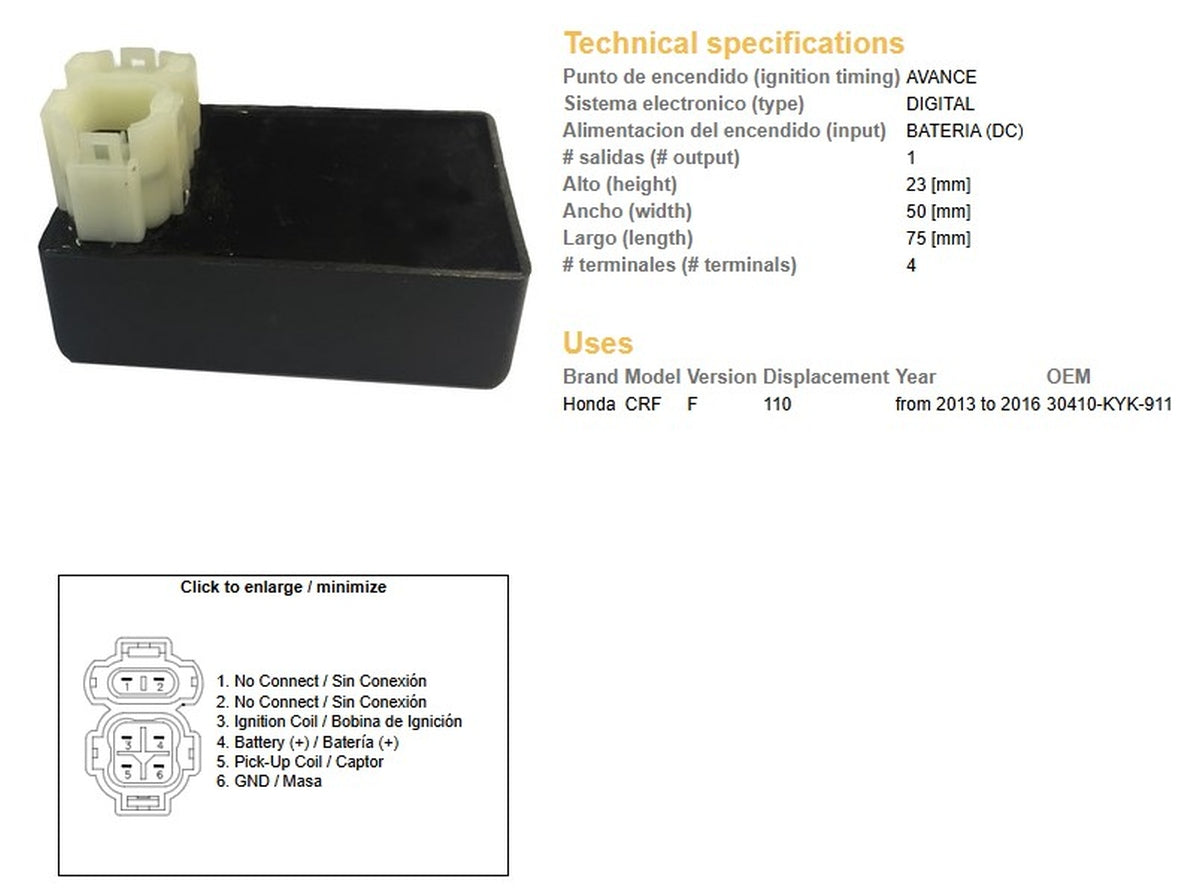 CDI IGNITION MODULE HONDA CRF 110 13-16 (30410-KYK-911)