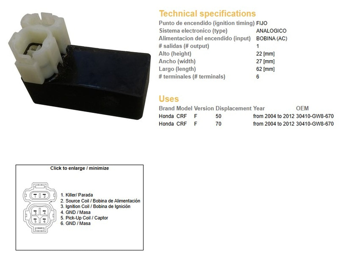 CDI IGNITION MODULE HONDA CRF 50/70F 04-12 (30410-GW8-670)