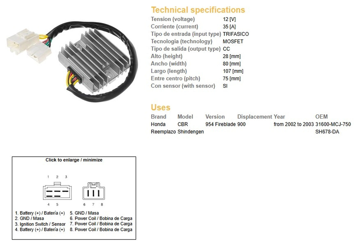 VOLTAGE REGULATOR HONDA CBR 900RR 02-03 (CBR954) (ESR690) (31600-MCJ-750) (SH678DA) (35A)