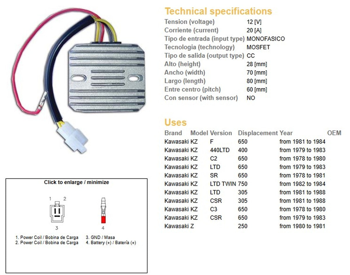 VOLTAGE REGULATOR KAWASAKI KZ 750LTD 82-84 KZ 650F 81-84 KZ 440LTD 79-93 (SINGLE PHASE)