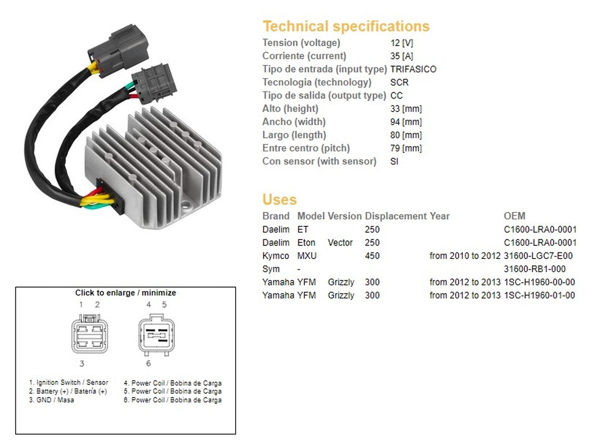 VOLTAGE REGULATOR YAMAHA YFM 300 GRIZZLY 12-13 KYMCO MXU 450 10-12 (1SC-H1960-00-00, 1SC-H1960-01-00)