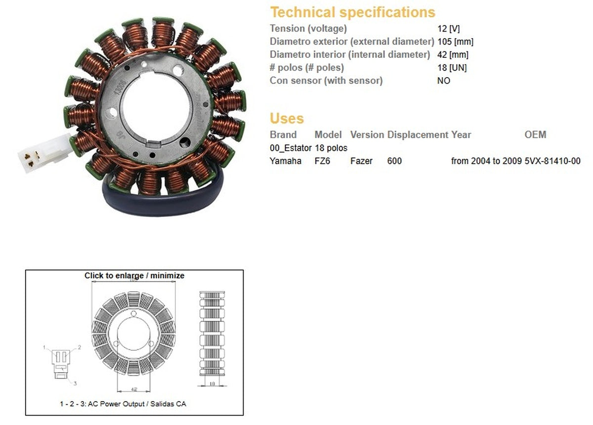 ALTERNATOR STATOR WINDING YAMAHA FZ6 FAZER 04-09 (OEM 5VX-81410-00)