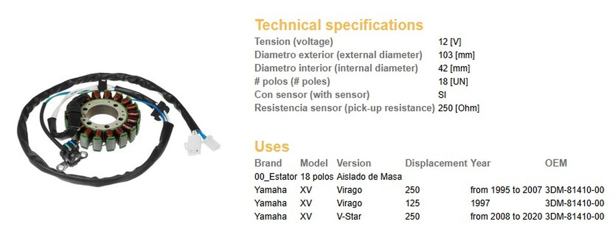 ALTERNATOR STATOR WINDING YAMAHA XV 250 VIRAGO 95-07 XV 125 VIRAGO 97 (OEM 3DM-81410-00)