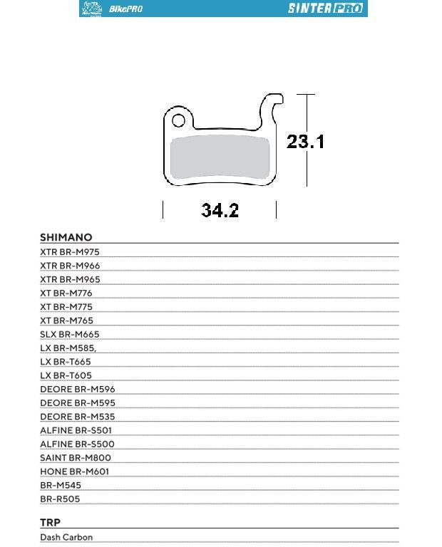 BIKE PRO BICYCLE BRAKE PADS SINTER PRO METALLIC FITS SLX BR-M665, DEORE BR-M596/595/535, SAINT BR-M800, XT BR-M776/775/765, XTR BR-M975/966/965