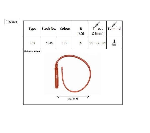 Spark Plug Cap Rubber Straight Red Wire 50cm (No. 8035) Waterproof (Thread 10/12/14mm, 5kΩ)
