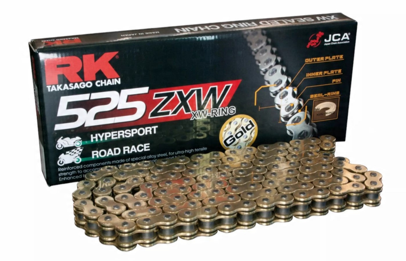Drive chain GB525ZXW-128 (XW-ring) rivet link (CLF) included color gold (capacity: up to 1300 cc) (46.4 kN)