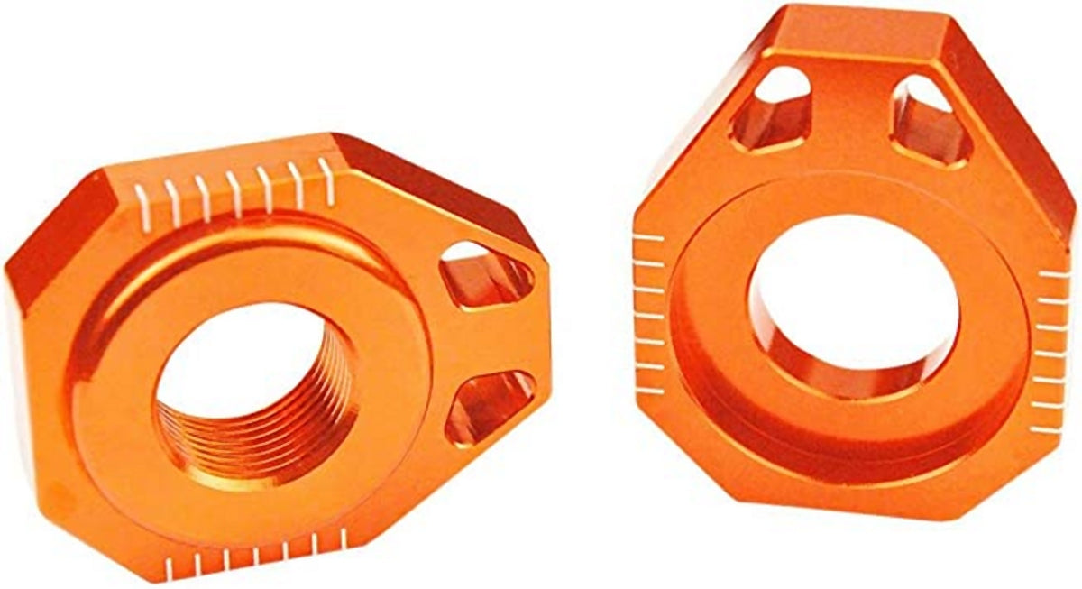 Rear axle adjusters KTM EXC/EXC-F 08-24 (axle Ø20 mm), SX/SX-F/EXC 125/250/450/530 08-12 orange color (set - 2 pcs)