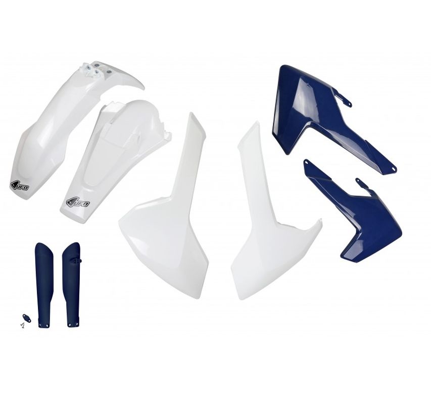 Full plastics kit with fork guards Husqvarna TE/TX 125/250/300 17-19, FE 250/350/450/501 17-19 color OEM (white, blue radiator shrouds) (HU618E999)