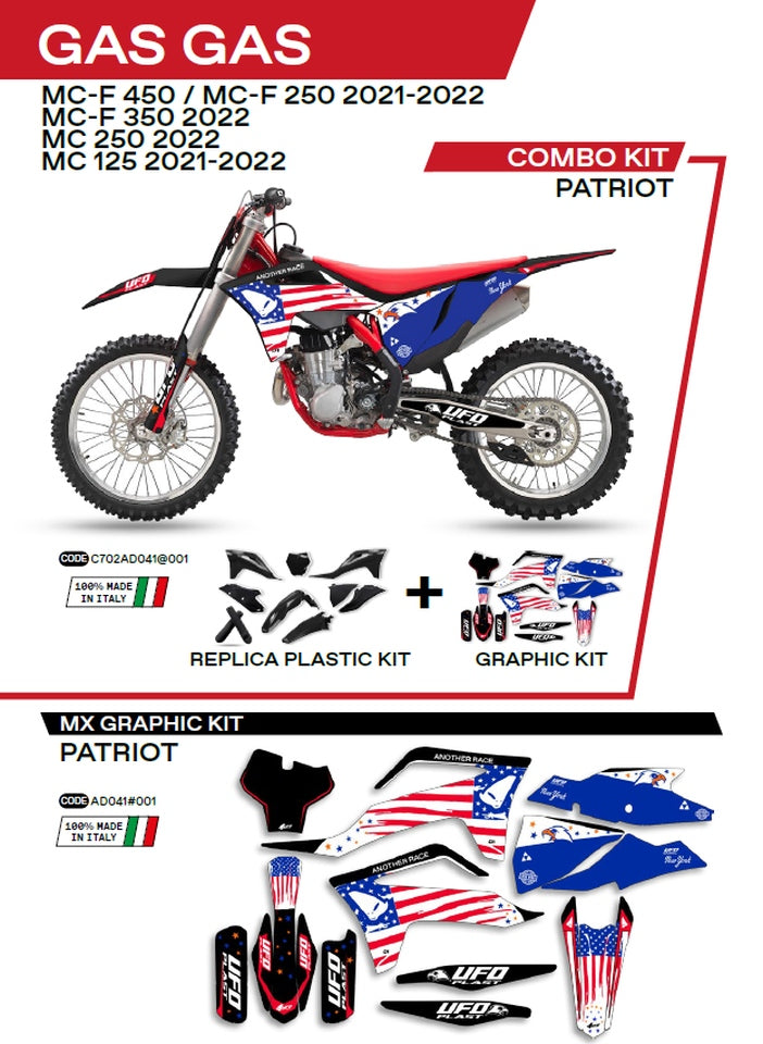 Plastics kit GGKIT702001 plus decal kit Gas Gas MC 125 21-22, MC 250 22, MC-F 250/350/450 21-22 includes front number plate (GG07130) and fork guards (GG07131) PATRIOT color black