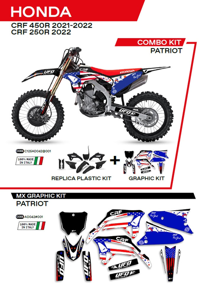 Plastics kit HOKIT125001 plus decal kit Honda CRF 250R 22, CRF 450 21-22 includes front number plate (HO05607) and fork guards (HO04695) PATRIOT color black