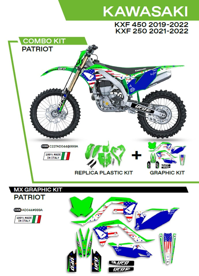 Plastics kit KAKIT227999A plus decal kit Kawasaki KXF 250 21-22, KXF 450 19-22 includes front number plate (KA04738) and fork guards (KA04701) PATRIOT color OEM (green/blue)
