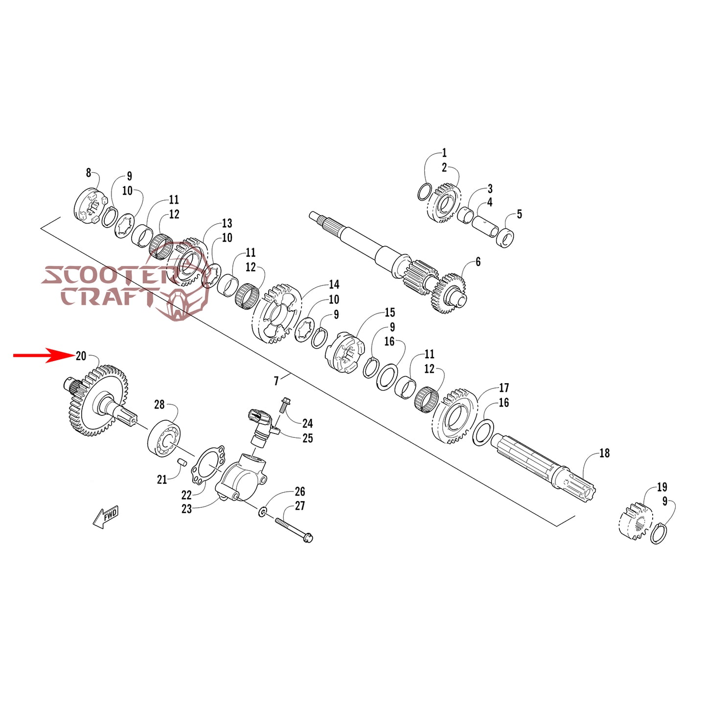 Output shaft Arctic Cat ATV 366 4X4 Automatic, 400 TRV, 425 CR, Alterra 450, XC 450 EFI, UTV Prowler 500