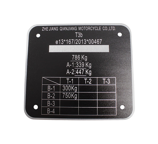 VEHICLE NAMEPLATE（EU T3B） Qianjiang SFA 1000, genuine