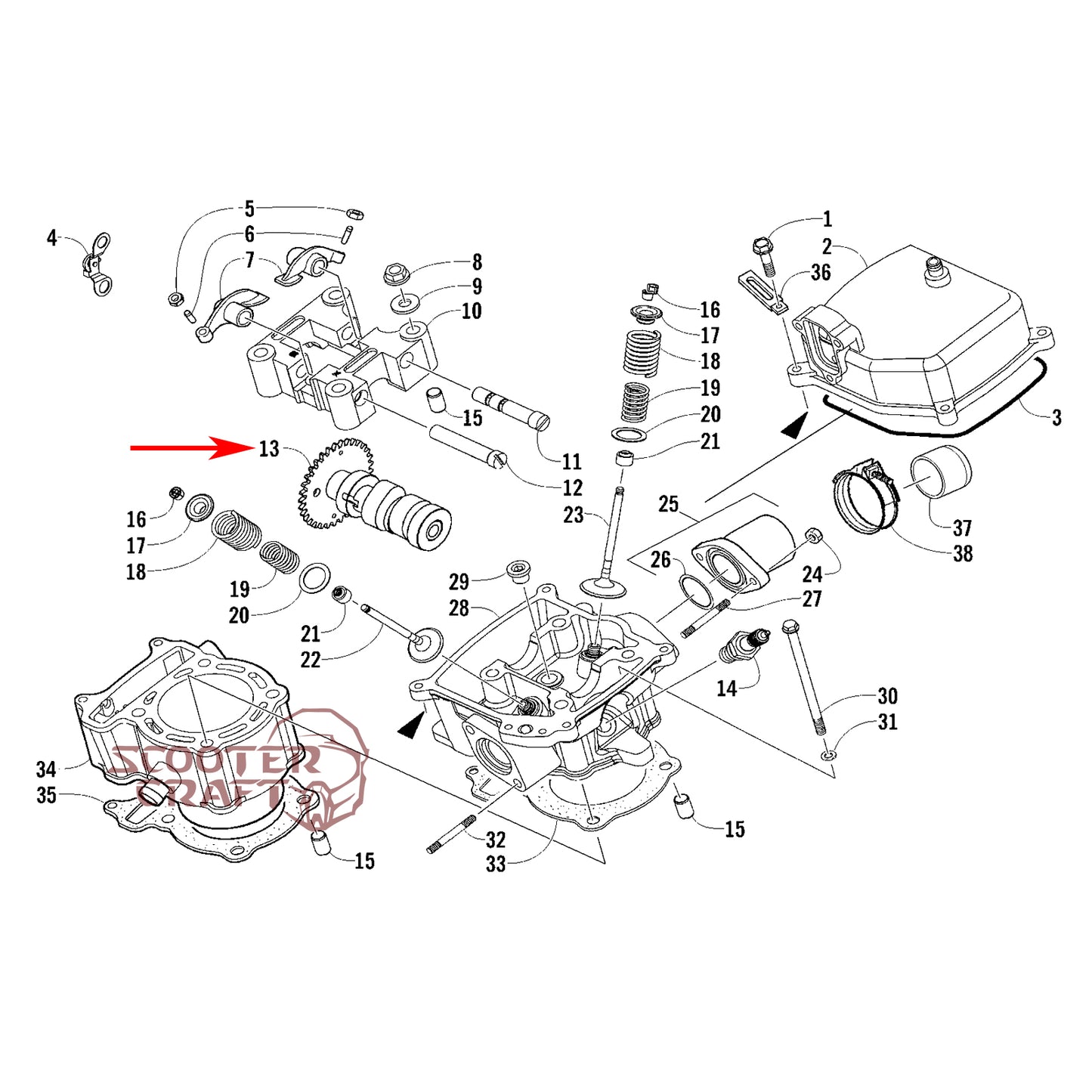 Camshaft Arctic Cat DVX 300 2X4 09-15, Utility 300 2X4 10-16, Alterra 300 2017-2024