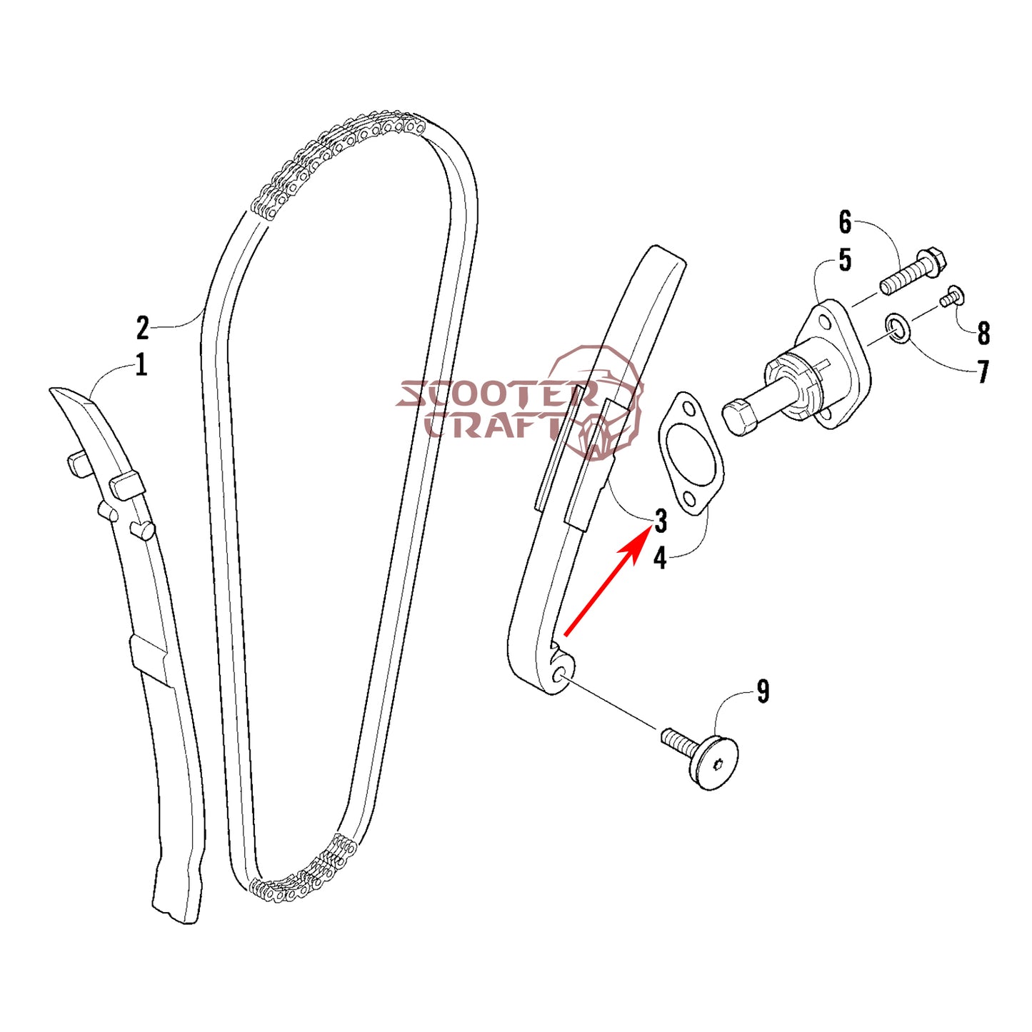 Timing (camshaft) chain guide Arctic Cat DVX 300 2X4 09-15, Utility 300 2X4 10-16, Alterra 300 2017-2024