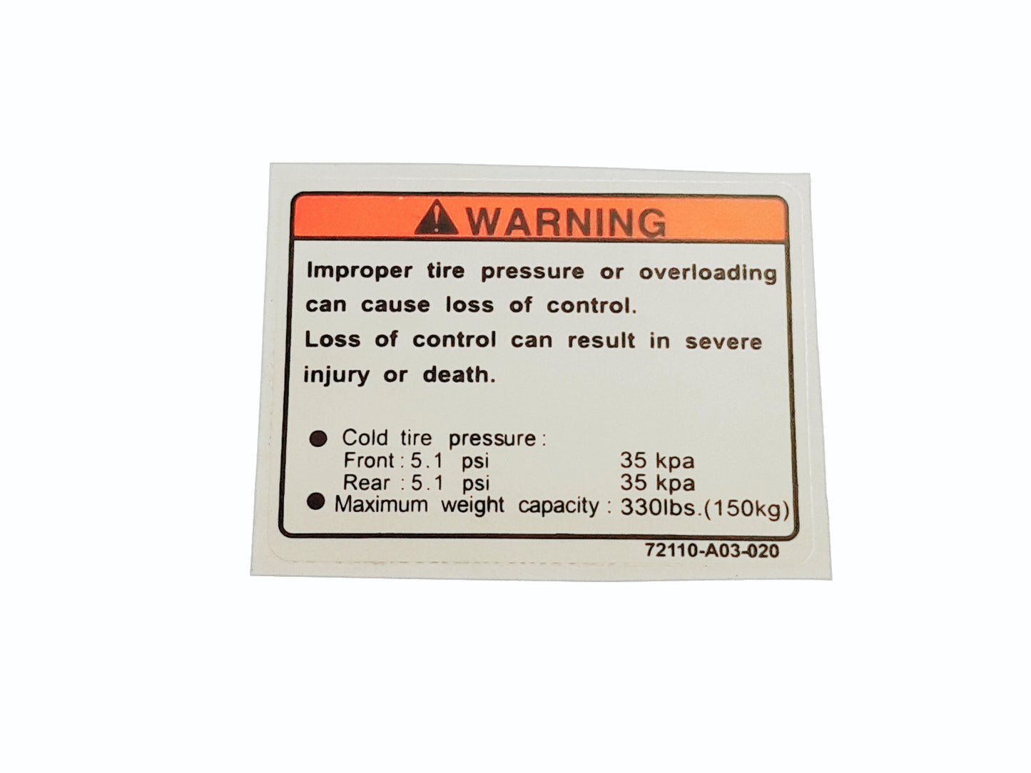 Warning Sticker, Tire Pressure Triton Baja 250, Baja 300, Outback 300, Baja 400, Baja 400 EFI