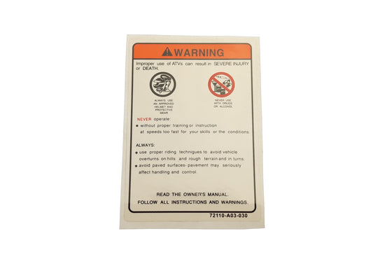 Warning Sticker,Riding Triton Baja 250, Baja 300, Outback 300, Baja 400, Baja 400 EFI