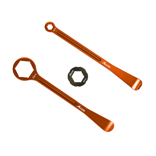 TIRE LEVER SET ALU FORGED WITH RING WRENCHES 32, 22, 12, 10MM ORANGE