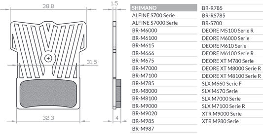 BIKE BICYCLE BRAKE PADS ORGANIC SPORT WITH RADIATOR FITS SHIMANO XTR BR-M9000, BR-M9020, BR-M987, BR-M988, BR-M985, XT BR-M8000, BR-M785, SLX BR-M7000, DEORE BR-M615