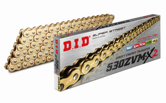 DRIVE CHAIN 530ZVMX2GG-110 (110 LINKS) GOLD X-RING (OPEN + RIVET LINK)