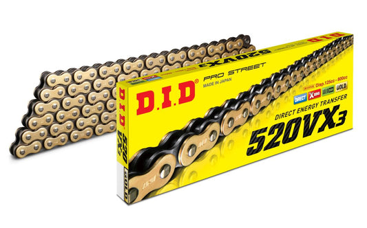 DRIVE CHAIN 520VX3GB-108 (108 LINKS) GOLD X-RING (OPEN + CLIP)