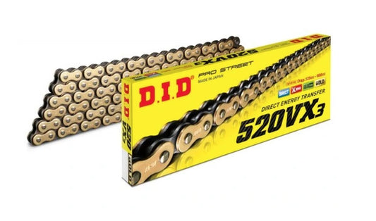 DRIVE CHAIN 520VX3GB-130 (130 LINKS) GOLD X-RING (OPEN + CLIP)