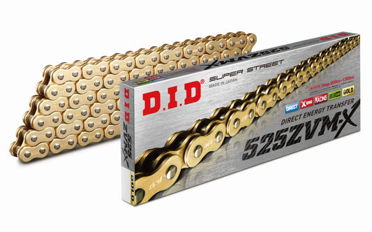 DRIVE CHAIN 525ZVMXGG-102 (102 LINKS) GOLD X-RING (OPEN + RIVET LINK)