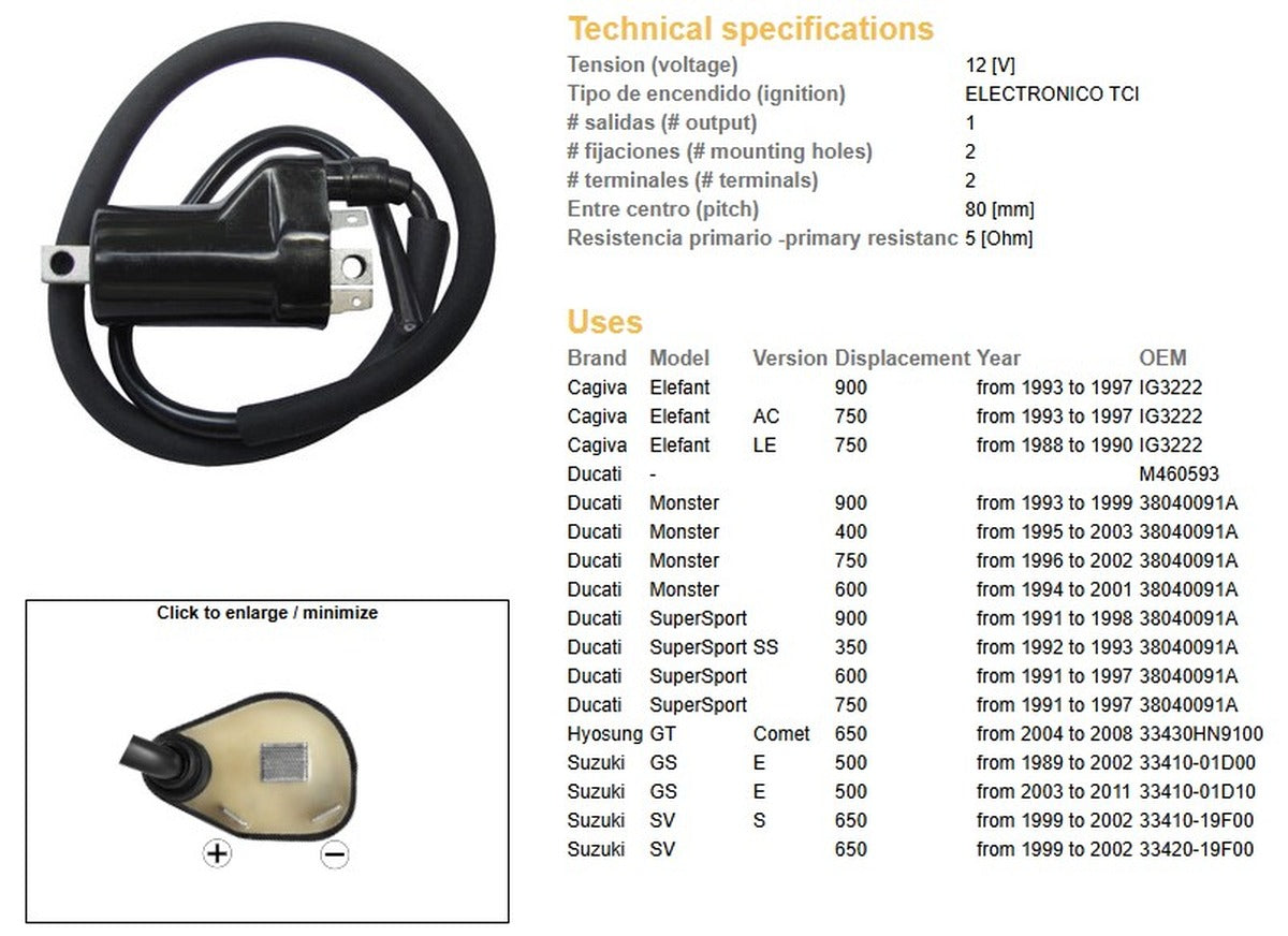 IGNITION MODULE CAGIVA ELEPHANT 900 93-97 ELEPHANT 750 93-97 DUCATI MONSTER 900 93-99 MONSTER 750 94-02 MONSTER 600 94-02 SUZUKI SV 650 99-02 GS 500 89-11 HUOSUNG GT 650 COMET 04-08 (OEM M460593 38040091A 33410-01D10 33410-19F00) (5 OHM)