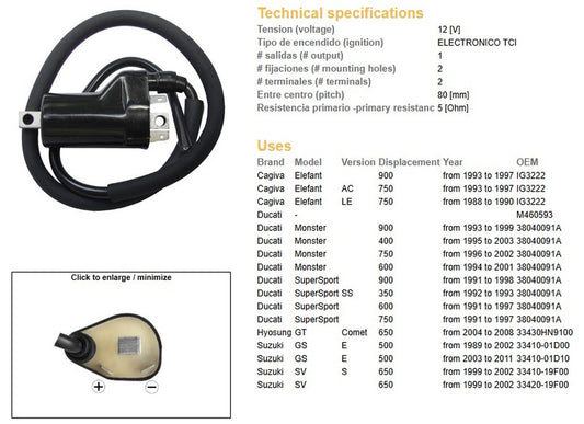 IGNITION MODULE CAGIVA ELEPHANT 900 93-97 ELEPHANT 750 93-97 DUCATI MONSTER 900 93-99 MONSTER 750 94-02 MONSTER 600 94-02 SUZUKI SV 650 99-02 GS 500 89-11 HUOSUNG GT 650 COMET 04-08 (OEM M460593 38040091A 33410-01D10 33410-19F00) (5 OHM)