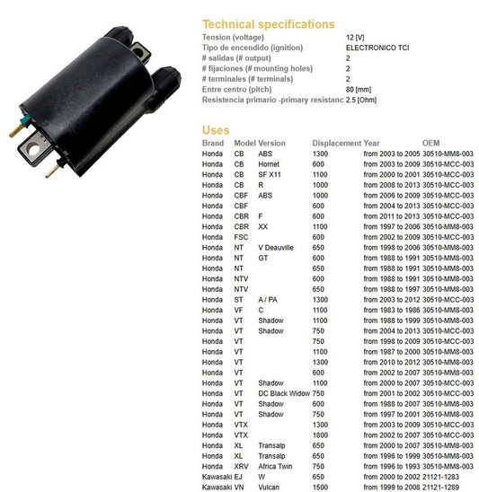 IGNITION COIL HONDA CB/CBR/CBF/NT/ST/VT/VTX/XL/XRV KAWASAKI VN/ZN/ZX/ZXR/ZZ-R