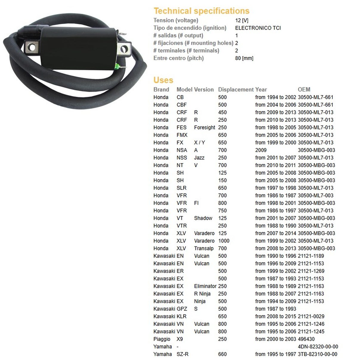 IGNITION COIL HONDA CB/CBF/FES/NSA/NSS/NT/SH/VFR/XLV KAWASAKI EN/ER/EX/GPZ/KLR/VN YAMAHA XT/XV