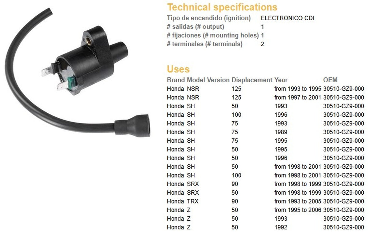 IGNITION COIL HONDA NSR 125 93-01 TRX90 93-05 (30510-GZ9-000)