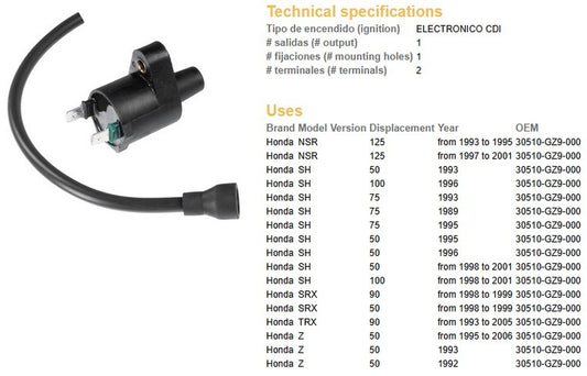 IGNITION COIL HONDA NSR 125 93-01 TRX90 93-05 (30510-GZ9-000)