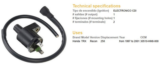 IGNITION COIL HONDA TRX250 RECON 97-01 (30510-HM8-000)