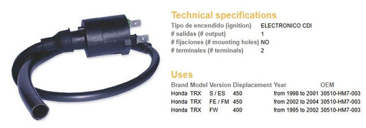 IGNITION COIL HONDA TRX 450S/ES/FW/FM/FE 98-04 TRX 400FW 95-03 (30510-HM7-003) (VIC-14605)