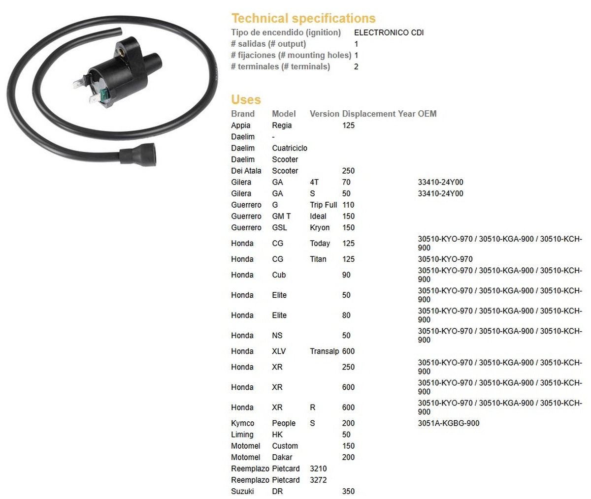 IGNITION COIL HONDA XR 600R XR 250 XL 600V TRANSALP SUZUKI DR 350 (OEM:30510-KGA-900)