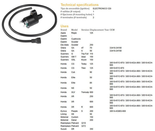 IGNITION COIL HONDA XR 600R XR 250 XL 600V TRANSALP SUZUKI DR 350 (OEM:30510-KGA-900)