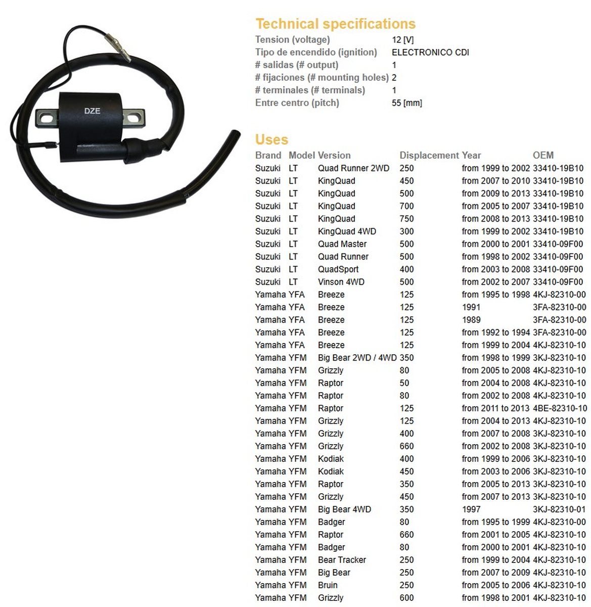 IGNITION COIL SUZUKI DRZ 400 00-12 KING QUAD 750 05-13 KING QUAD 700 05-13 YAMAHA GRIZZLY 660 GRIZZLY 600 GRIZZLY 450 GRIZZLY 400 GRIZZLY 350 RAPTOR 660 RAPTOR 350 KODIAK 450 KODIAK 400 KODIAK 350