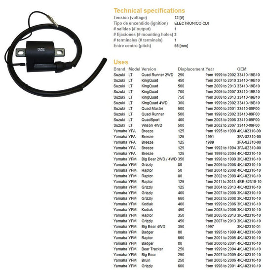 IGNITION COIL SUZUKI DRZ 400 00-12 KING QUAD 750 05-13 KING QUAD 700 05-13 YAMAHA GRIZZLY 660 GRIZZLY 600 GRIZZLY 450 GRIZZLY 400 GRIZZLY 350 RAPTOR 660 RAPTOR 350 KODIAK 450 KODIAK 400 KODIAK 350