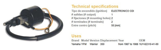 IGNITION COIL YAMAHA YFM 350 WARRIOR 87-88 (OEM-1UY-82310-41-00)