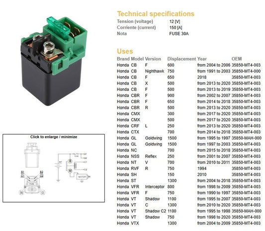 STARTER RELAY HONDA CB 500/600/650/750 CBR 500/650/900 NT VFR 750/800 ST 1300 VT 750/1100/1300 GL 1500 (WITH FUSE) (150A)