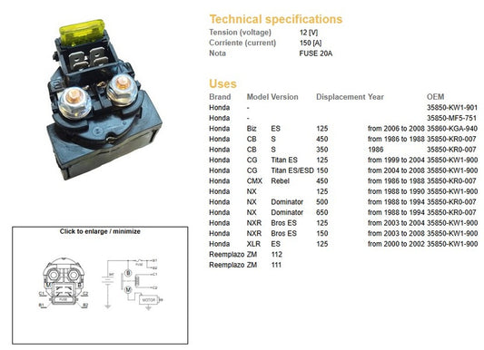 STARTER RELAY HONDA (ROUND WITH FUSE) (150A) - UNIVERSAL RELAY