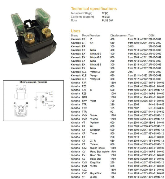 STARTER RELAY KAWASAKI ER 300/400/650 EX 250/300/400/650 KLE 250/300/650 YAMAHA TTR 90/125/230 XT 250 XTZ 660 XTZ 1200 XJ 6N XV 1600/1700 XVS 250/650 XVZ 1300 YP 125/250/400 YZF 600/1000 R1 R6 (150A)