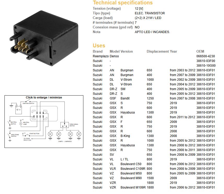 TURN SIGNAL RELAY SUZUKI GSX 1300R HAYABUSA 19 GSF 1250 BANDIT 07-08 AN 650 BURGMAN 03-12 AN 400 BURGMAN 07-09 DR-Z 400 05-12 (OEM 38610-03F01) (12V 2+2X21W/LED) (7 PIN)