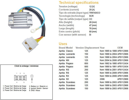 VOLTAGE REGULATOR APRILIA PEGASO 650 90-95 PEGASO 600 90-95 RS 250 95-09 RX 125 94-08 RS 125 95-09 LEONARDO SCARABEO (ESR087)