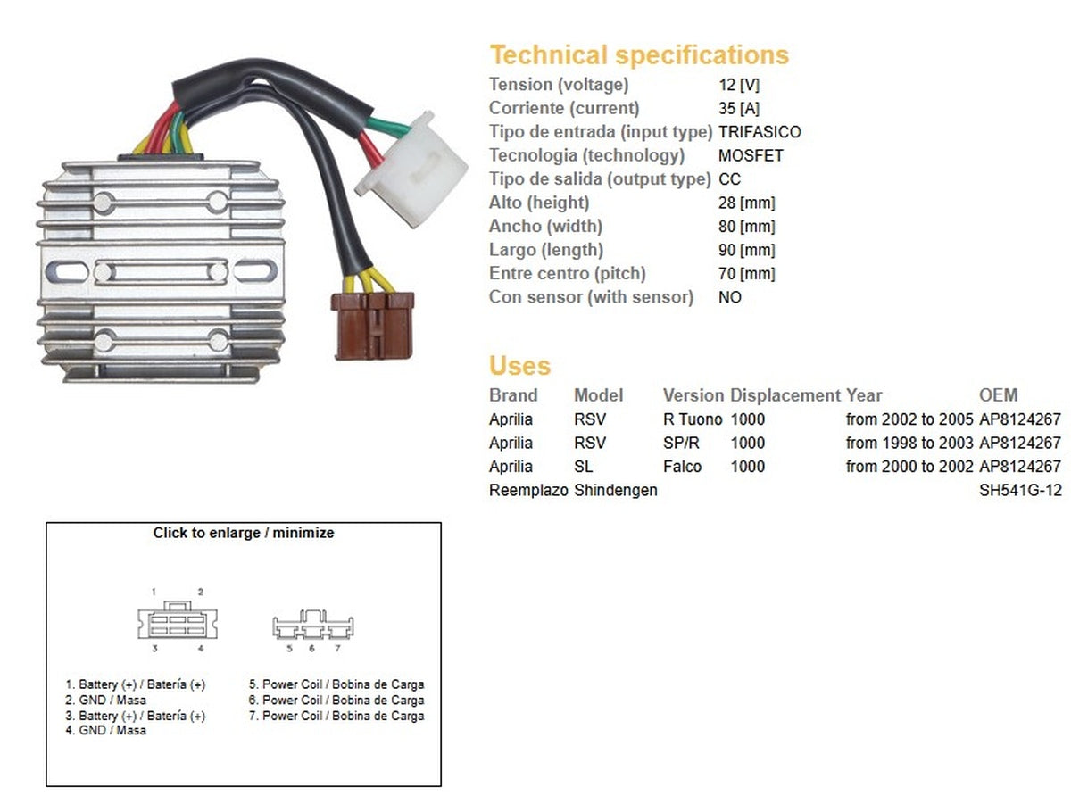 VOLTAGE REGULATOR APRILIA RSV 1000R TUONO 02-05 RSV 1000SP/R 98-03 SL 1000 FALCO 00-02 (35A) 7 WIRES (ESR912)