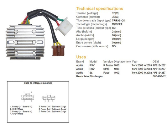 VOLTAGE REGULATOR APRILIA RSV 1000R TUONO 02-05 RSV 1000SP/R 98-03 SL 1000 FALCO 00-02 (35A) 7 WIRES (ESR912)